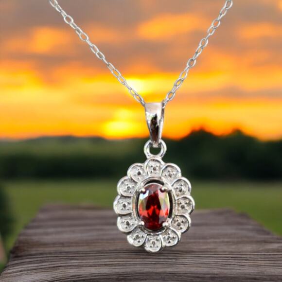 Red Cubic Zirconia Pendant Necklace 925 Sterling Silver January July Birthday - Picture 1 of 4